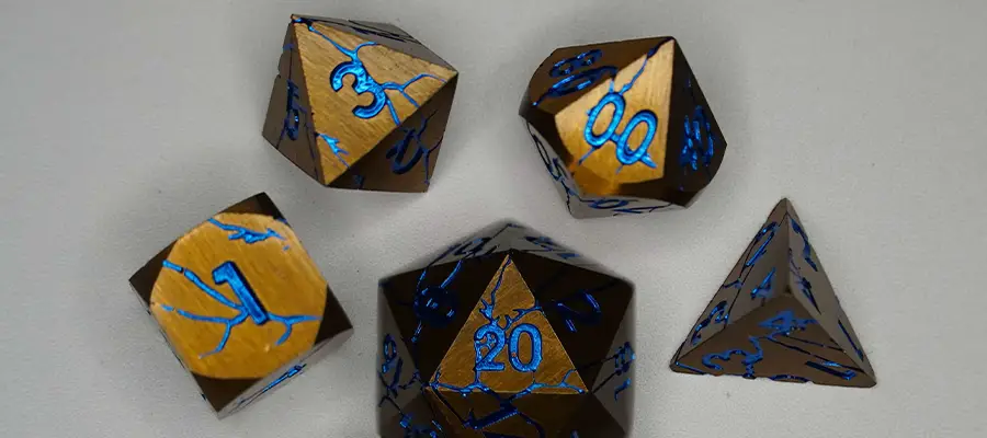 Soar Forge Pharaoh Ruins Gold Metal Dice with Blue Cracks